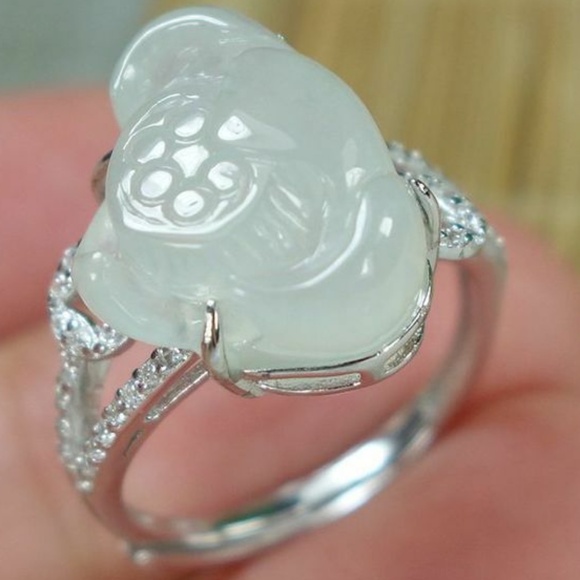 Certified Icy White Natural A jadeite jade Lotus Ring 925 Silver戒指（Free Size） - Picture 8 of 11